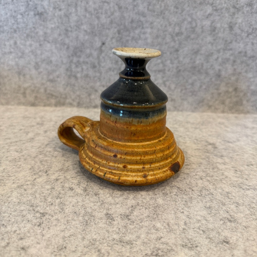 Handcrafted Pottery Stoneware Oil Lamp or Chamberstick Brown Blue Tones